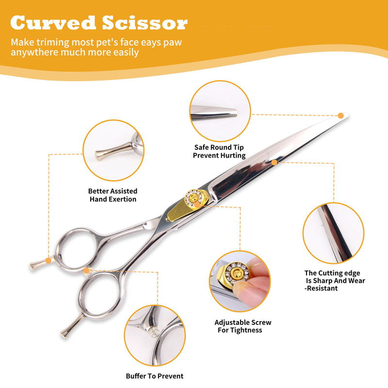 7 Inch Professional Dog Grooming Scissors Kit, 6-in-1 Grooming Scissors for Dogs, Pet Grooming Shears Set, Straight Scissor & Thinning Shear & Curved Scissor & Chunker Shear (Silver) Silver - PawsPlanet Australia