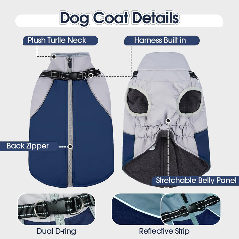 DENTRUN Dog Coat with Harness Built in, Easy On/Off Zipper Closure Winter Dog Vest, Water-Repellent Fleece Lined Warm Jacket with Reflective for Extra Large Dogs, Dark Blue, XXXL XXX-Large Gray-Blue