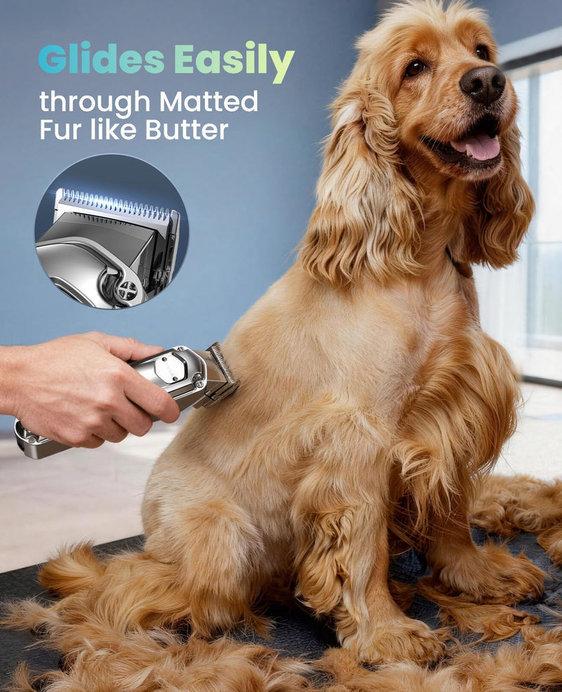 oneisall Dog Clippers for Grooming for Thick Heavy Coats/Low Noise Rechargeable Cordless Pet Shaver with Stainless Steel Blade/Waterproof Dog Shaver for Dogs Pets and Animals (Silver) Silver