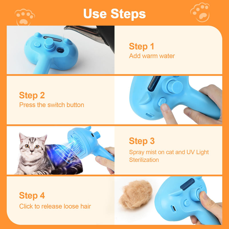 KALAMANDA Cat Steam Brush for Shedding, 4 in 1 Steamy Cat Brush with Release Button, Self Cleaning Metal Pet Misting Hair Comb with Handle for Grooming Kitten Dog(Blue) - PawsPlanet Australia