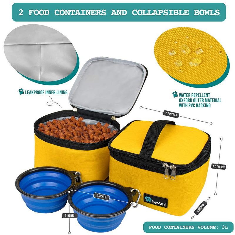 PetAmi Dog Travel Bag, Travel Pet Bag Organizer, Dog Food Travel Bag with Food Container and Bowls, Dog Travel Supplies Gift Accessories for Weekend Camping, Dog Cat Diaper Bag (Yellow, Medium) Medium - 14.5"L x 8"W x 12.0"H Yellow