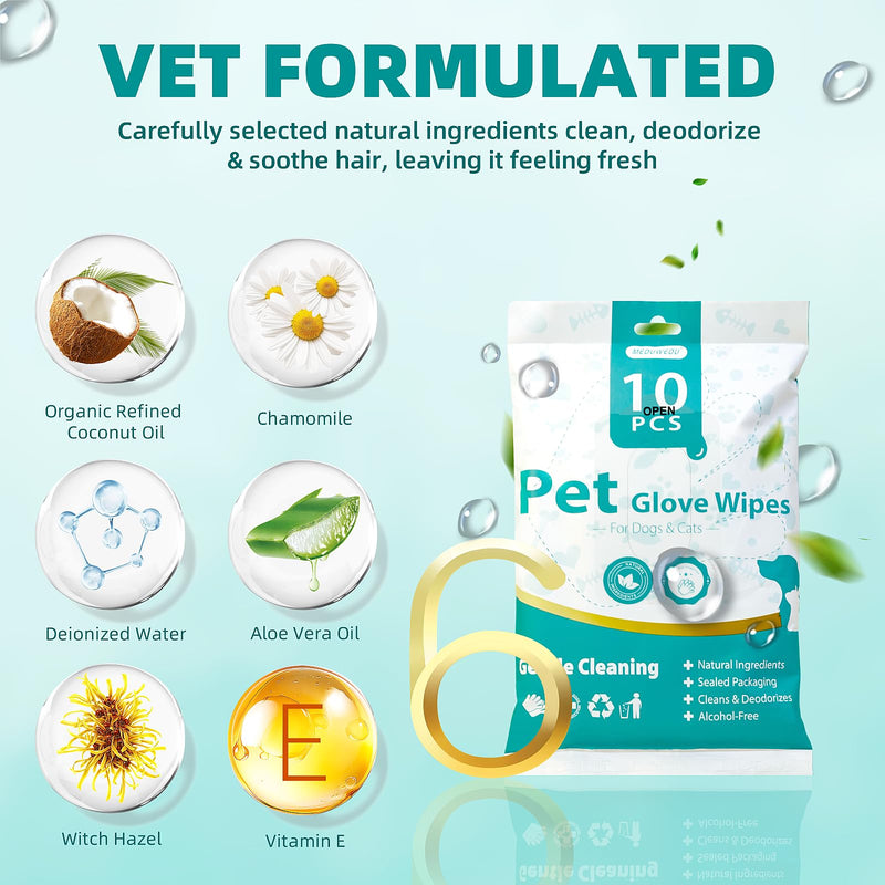 [10 Count] No-Rinse Pet Glove Wipes – 5-Finger Design, Coconut Oil & Aloe, Hypoallergenic Grooming Mitts for Dogs & Cats Unscented 10PCS - PawsPlanet Australia