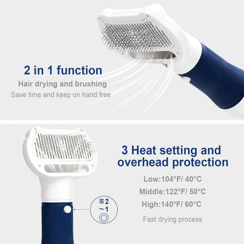 3-in-1 Dog Hair Dryer with Slicker Brush for Small and Medium-Sized Dogs and Cats Pet Hair Dryer Dog Blow Dryer Portable Overheat Protection Adjustable Temperature - PawsPlanet Australia