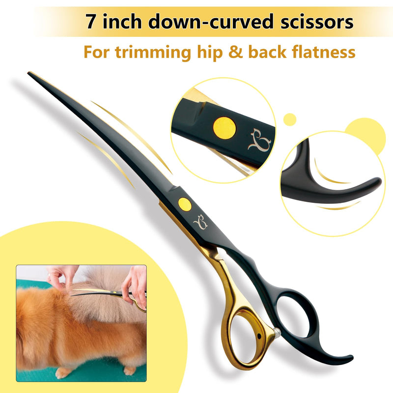 Dog Grooming Scissors，Paint Coated Curved Thinning Scissors with Safety Round Tips, Sharp and Durable 5 in 1 Dog Scissors for Grooming - PawsPlanet Australia