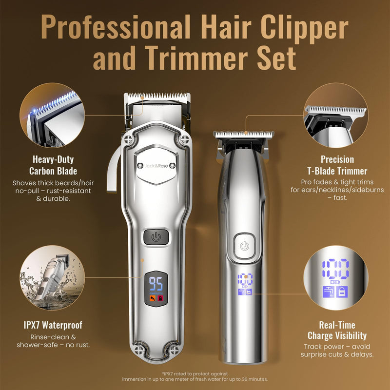 Jack & Rose Clippers and Trimmers Set, Cordless Hair Clippers for Men, Barber Clippers Set Silvery