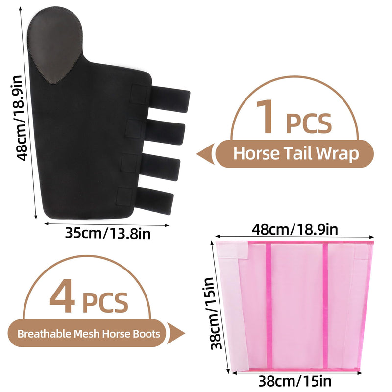 Horse Tail Wrap Protector & 4 Fly Boots Set, Breathable Mesh Leg Wraps & Adjustable Tail Guard for Fly & Mosquito Protection in Stable, Trail Black, Pink - PawsPlanet Australia