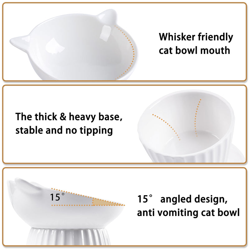 Ceramic Raised Cat Bowl，Tilted Raised Cat Bowl Anti Vomit Cat Bowls for Indoor Cats Whisker Friendly Pet Feeder for Cats Puppies, Microwave and Dishwasher Safe White