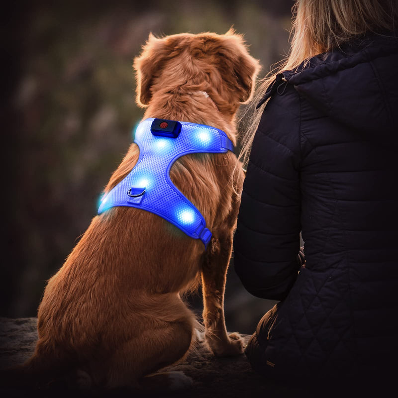 Flashseen LED Dog Harness, Lighted Up USB Rechargeable Pet Harness, Illuminated Reflective Glowing Dog Vest Adjustable Soft Padded No-Pull Suit for Small, Medium, Large Dogs (Blue, L) Blue - PawsPlanet Australia
