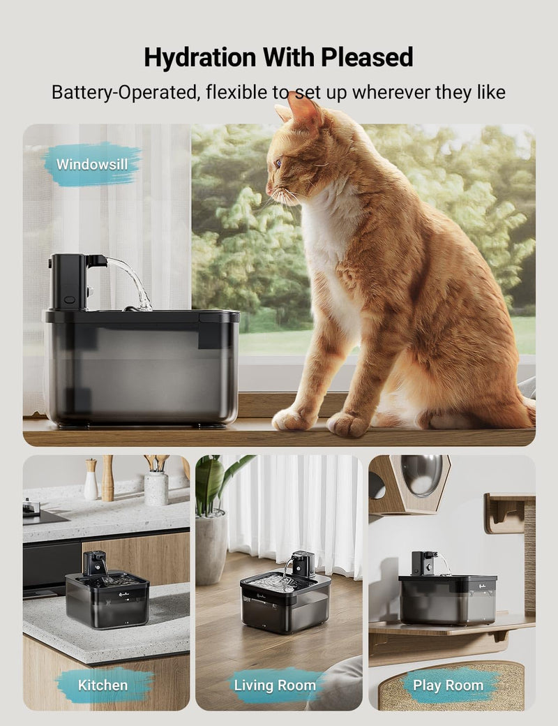 DownyPaws Cat Water Fountain Cordless, 84oz/2.5L Fursink Wireless Pet Water Fountains for Cats Indoor, Battery Operated Cat Drinking Fountain with Motion Sensor, Ultra Quiet Pump, BPA-Free, Black ABS Black - PawsPlanet Australia