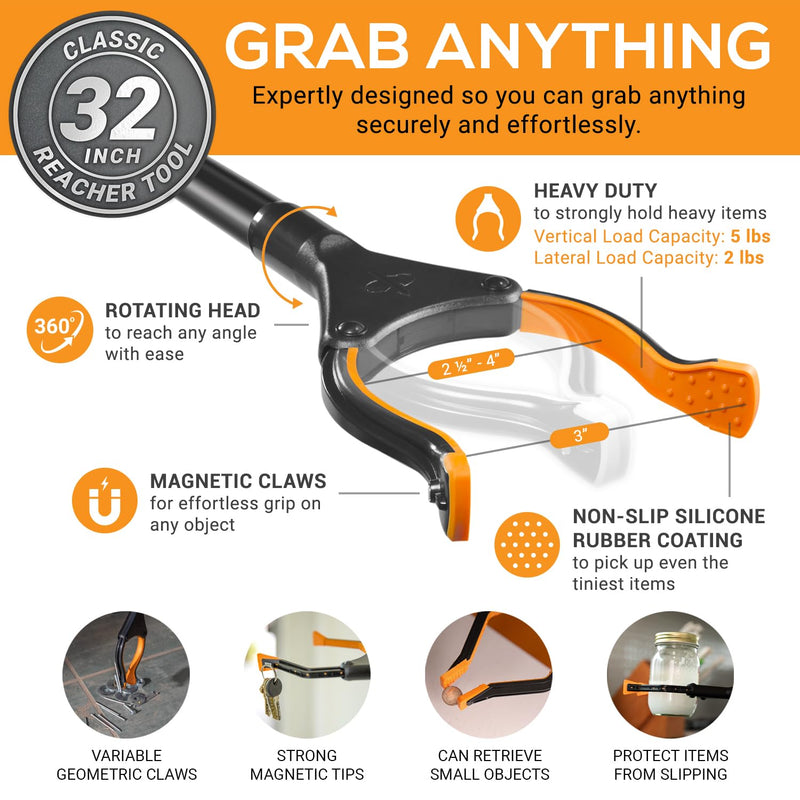EZPIK Classic 32” Folding Grabber Reacher Tool with Dual Magnets, Heavy Duty Trash Picker Upper Grabber for Seniors & Disabled Users, Aluminum Pickup Tool for Everyday Reaching Aids (Black) 32″ (Pack of 1) - Black