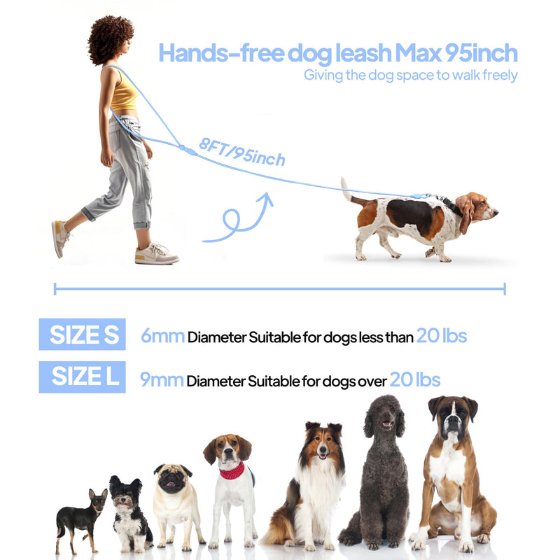 PetiFine Hands Free Dog Leash, Crossbody Waist Leash for Dog Walking, 8 ft Multifunctional Waterproof Waist Lead for Swimming,Running,Training (Large,Blue) Blue Large - 9mm Diameter - 20-120lbs