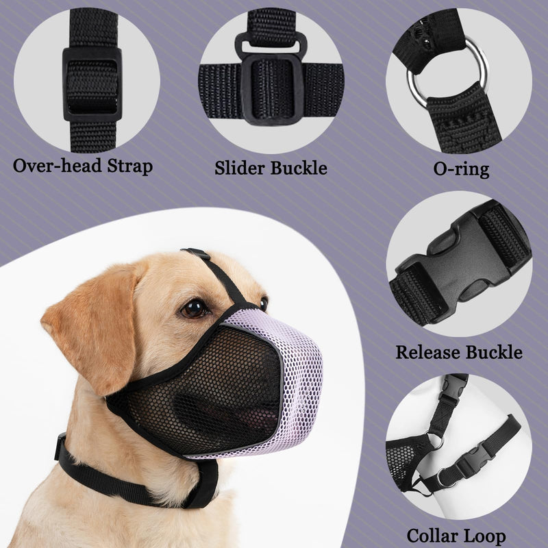 Mayerzon Dog Muzzle, Patented Mesh Soft Muzzle for Large Medium Small Dogs for Scavenging Grooming Biting Chewing, Breathable Reflective Doberman Husky Muzzle with Collar for Labrador Retriever Poodle Black/Purple M-(Snout:9¾"-10¾") - PawsPlanet Australia
