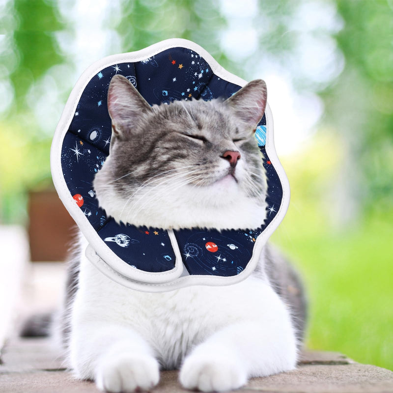 JunD Soft Cat Neck Collar, Adjustable Recovery Collar for Cats & Small Dogs, Prevents Licking After Surgery, Waterproof & Washable Material, S Planet