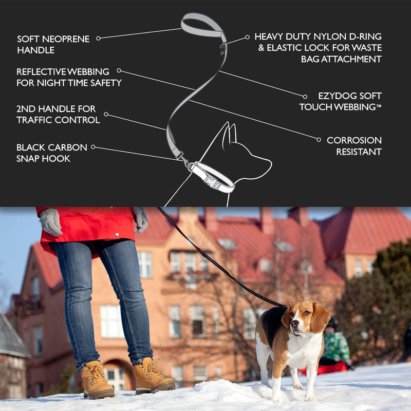 EzyDog Soft Trainer Dog Leash with Traffic Control Handle - Reflective Stitching for Nighttime Safety and Superior Strength and Comfortability for Training Large to Medium Dogs (72”, Black) Standard - PawsPlanet Australia