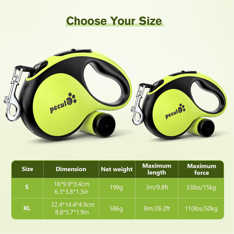 Pecute 26ft Retractable Dog Leash with Poop Bag Holder, Walking Dog Leash for heavy duty Dogs Up to 110lbs with Strong Nylon Tape, One-Button Control, 360° Tangle-Free Sturdy Long Dog Leash Large Green