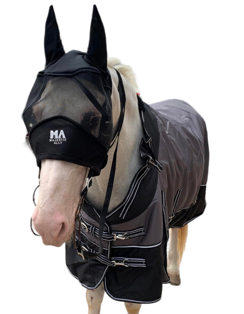 Majestic Ally Horse Fly Mask with Ears, Comfort Durable Fine Mesh, Soft Fleece Touch on Skin, Protect Eyes and Ears (Black) Black - PawsPlanet Australia