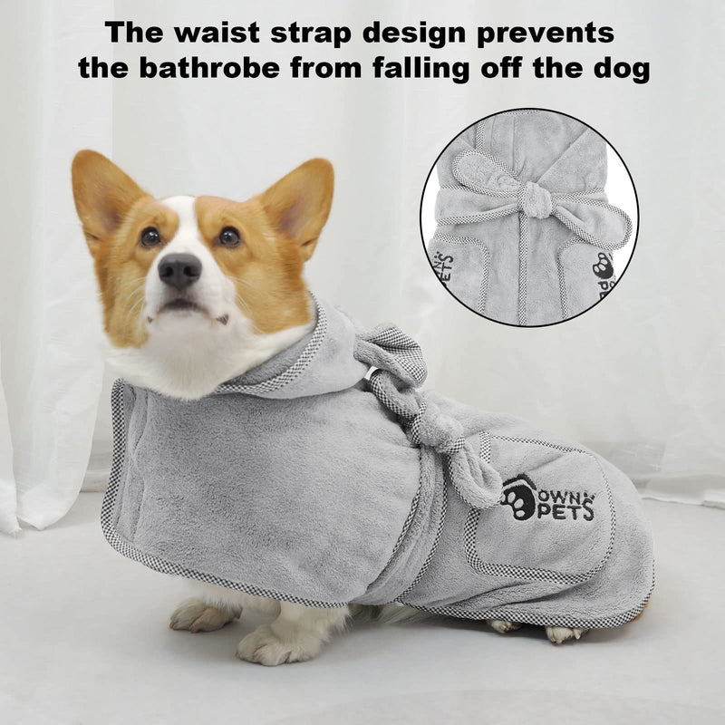 Ownpets Dog Bathrobe Towel, Super Absorbent Soft Dog Drying Robe with Cap & Pocket for Bathing & Beach Trips, Microfibre Fast Drying Dog Towel Robe for Dogs and Cats(Small) Small - PawsPlanet Australia