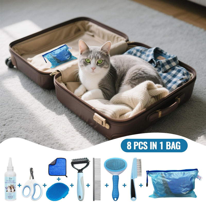 8 in-1 Dog Grooming Kit - Supplies for Short and Long Hair Dogs & Cats, Dog Brushes for Grooming, Dematting Comb for Pet, Bath Brush, Flea Comb, Pet Donditioner, Set in Blue - PawsPlanet Australia