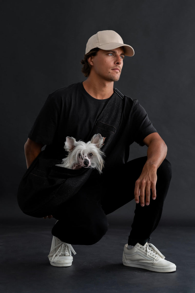 Noah & Paw Dog Sling Carrier for Small Dogs 5-18lb, Dog Sling for Small Dogs and Cats, Dog Carrier with Adjustable Padded Strap, Denim Lined with Fur, 3X Safety Features, Machine Washable Black 18.0"L x 10.0"W x 5.5"H - PawsPlanet Australia