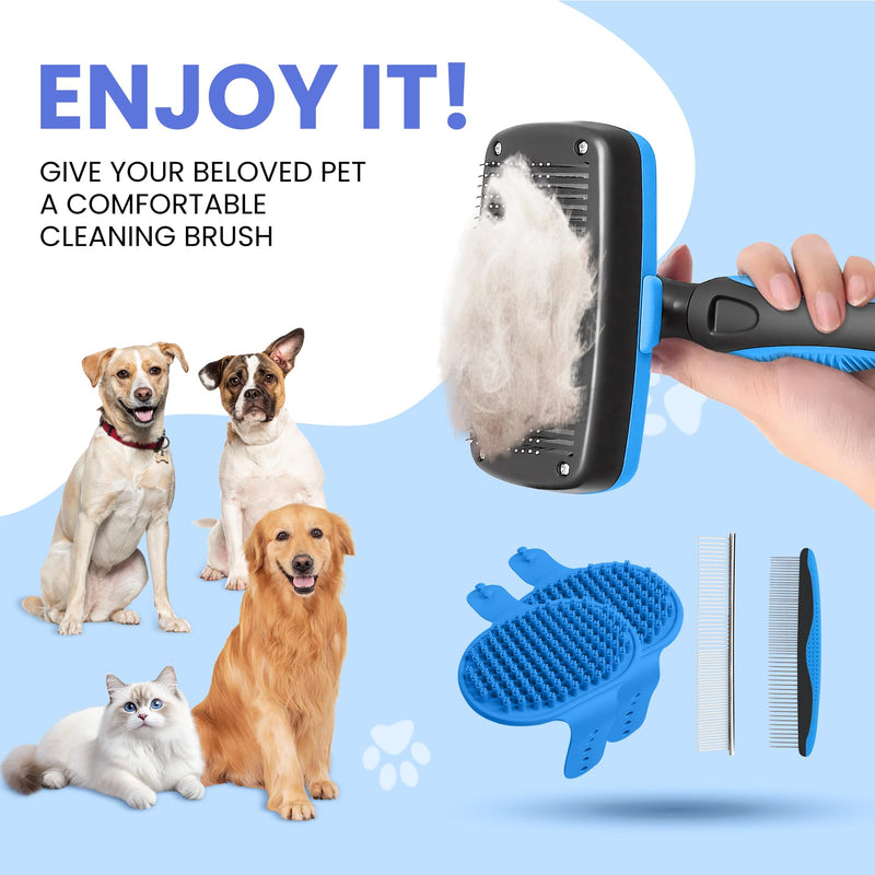 Self Cleaning Shedding Brush - 5-in-1 Professional Pet Grooming Kit Skin Friendly Grooming Tool for Dogs, Cats, and Puppies, Deshedding and Hair Removal for Long and Short Haired Pets, Blue