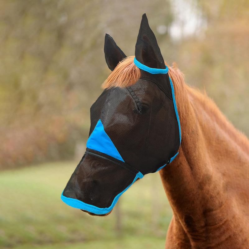 Hilltown Horse Fly Mask with Ears and Nose Cover - Large Eye Space, Full Face UV-Block, Breathable Mesh, Adjustable Fit, Soft Fleece Trim for Grazing, Riding & Daily Use - Pony, Blue