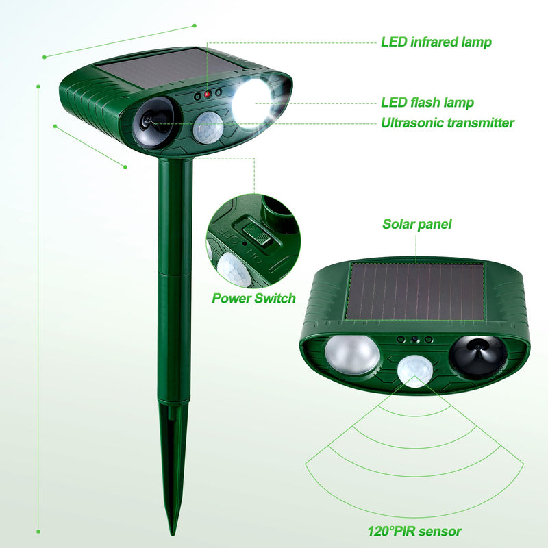 2 Pack Solar Animal Repeller for Raccoons, Deer & Squirrels - Ultrasonic & Strobe Light, Outdoor Deterrent for Cats, Dogs, Raccoons, Rabbits, Skunks, Foxes & More 2PCS Green