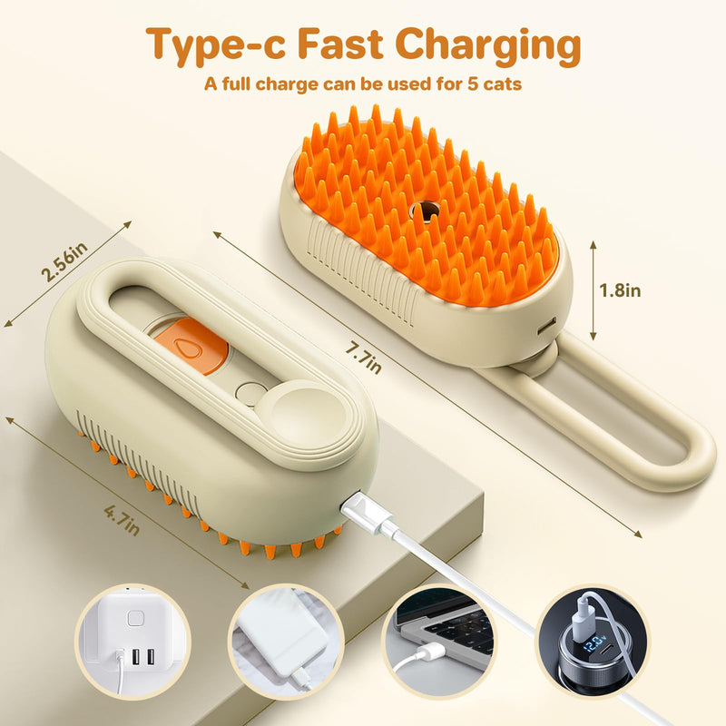 LunaSync Cat Steam Brush for Shedding, 4 in 1 Rechargeable Pet Grooming Brush for Cats and Dogs, Anti-Static Deshedding Tool with Massage & Cleaning, Comb for Long Short Hair - Beige - PawsPlanet Australia