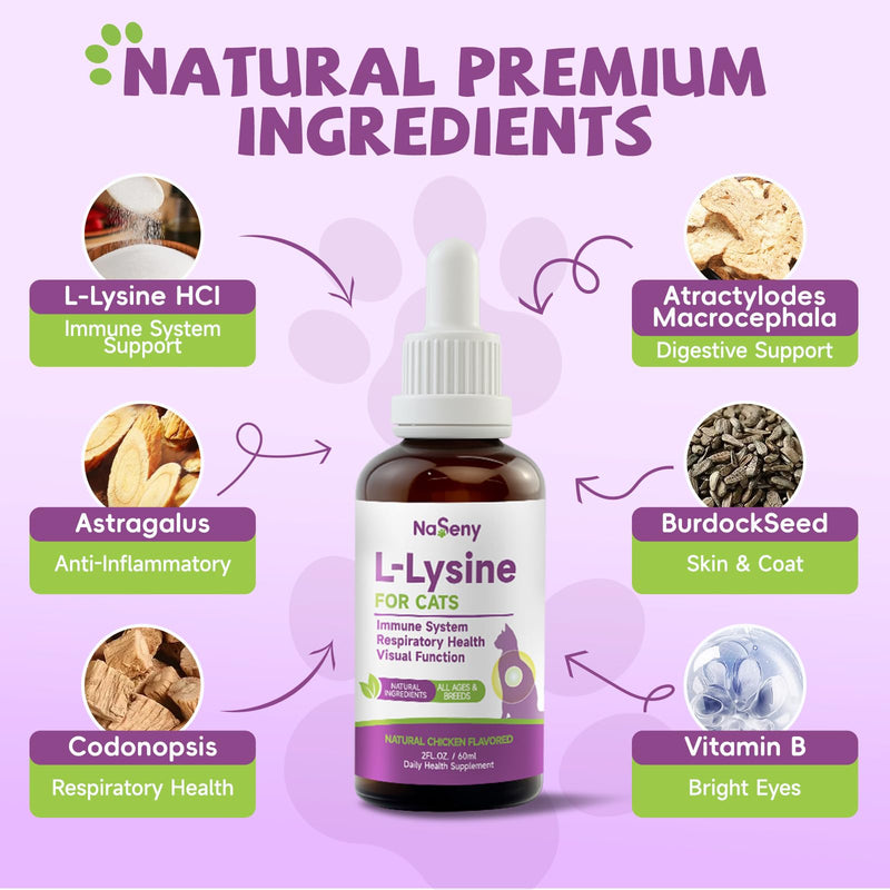L-Lysine for Cats, L-Lysine Supplement for Cats, Immune Support, Respiratory, & Eye Health with Astragalus, Codonopsis,& Vitamin B Complex, Eases Sneezing, Runny Nose, and Watery Eyes, 2FL oz