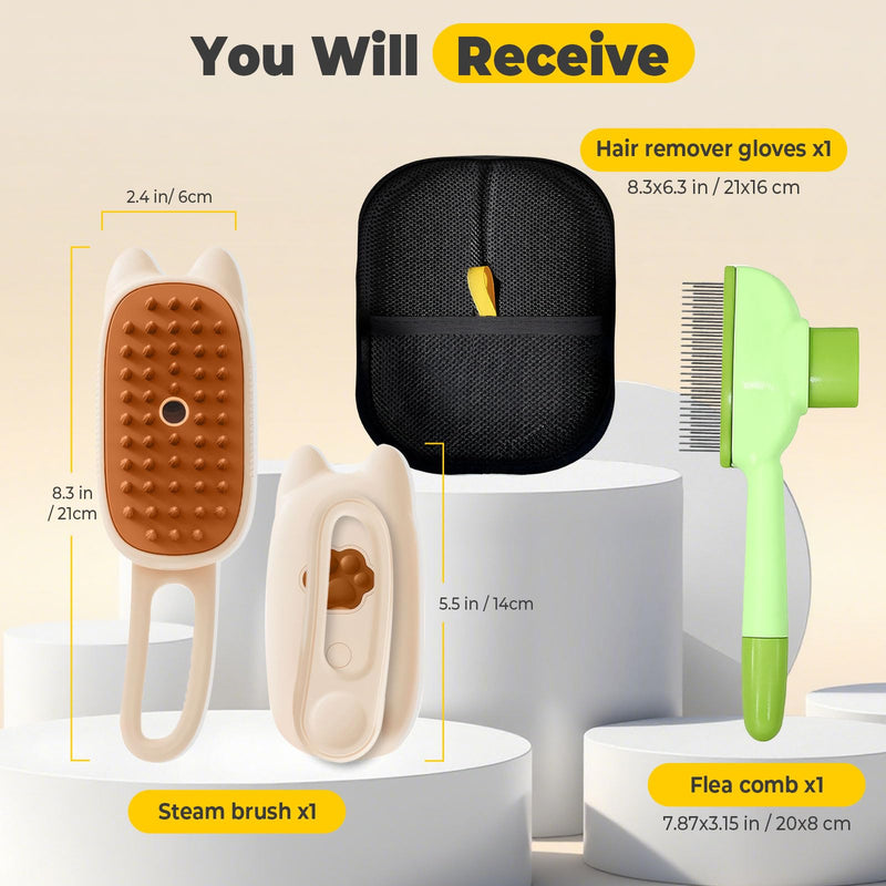 Cat Steam Brush for Shedding, 4 in 1 Rechargeable Steam Brush for Cats and Dogs, Anti-Static, Massage, flea comb for cats& Pet Removal Hair Glove,Shedding & Combing All In One! Beige - PawsPlanet Australia