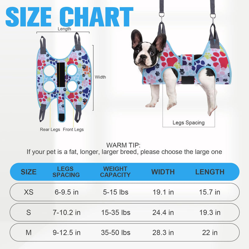 PAWCHIE Dog Grooming Hammock, Small Dog Hanging Harness Holder for Nail Clipping/Trimming, Pet Hanger Sling Restraint Bag for Cat Puppy with Thick Fabric Neck Support Wide Strap Claw Care, Blue S - PawsPlanet Australia