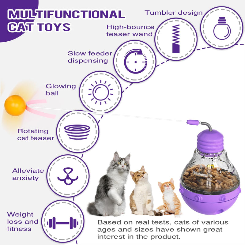 Cat Toys for Bored Indoor Adult Cats, 2 in 1 Cat Treat Dispenser Toy, Tumbler Interactive Cat Toys with Teaser Wand, Cat Food Dispenser - Ideal for Exercise and Boredom Relief (Purple) - PawsPlanet Australia