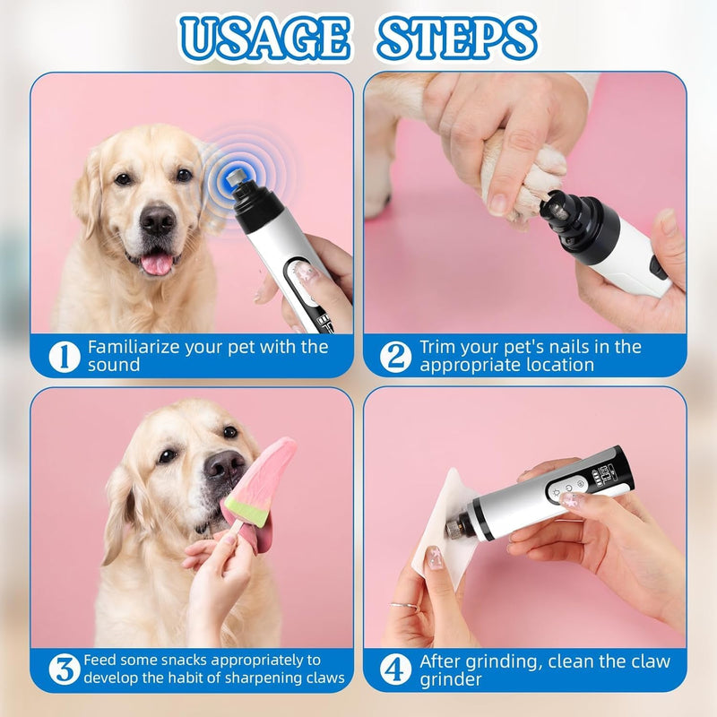 Silent Groom Pro Nail Grinder Cordless, 3 Speed Dog Nail Grinders, Silent Groom Pro Dog Nails with Led Lights, 2000mAh USB Rechargeable Dog Nail Trimmer for Thick Nails (1pc+2 Heads)