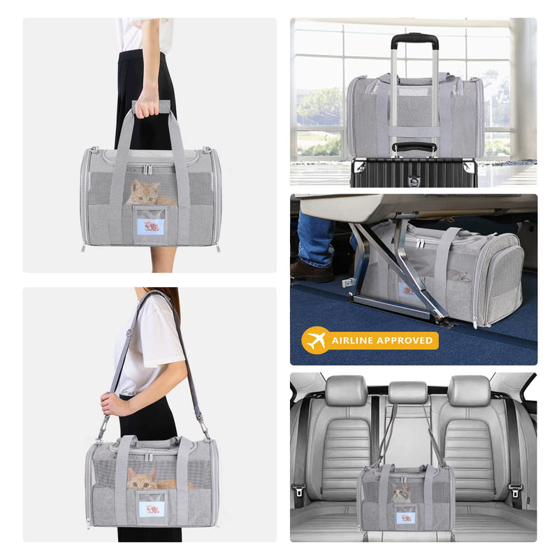 Cat Carrier, Dog Carrier, Pet Carrier Airline Approved for Small Dogs, Kitten Carriers Under 15lb, Collapsible Soft Sided TSA Approved Travel Carrier-Grey Grey - PawsPlanet Australia