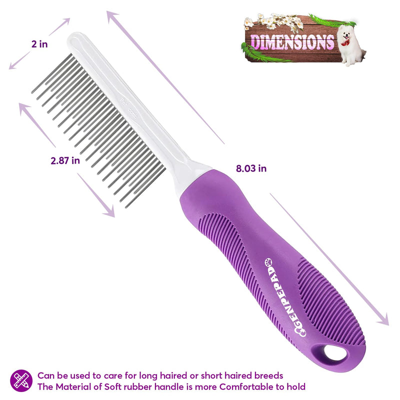 Grooming Comb for Dogs and Cats with Matted Hair, Detangling Pet Comb with Long and Short Stainless Steel Metal Fine Teeth for Removing Mats, Tangles, Knots & Loose Fur from The Undercoat Purple