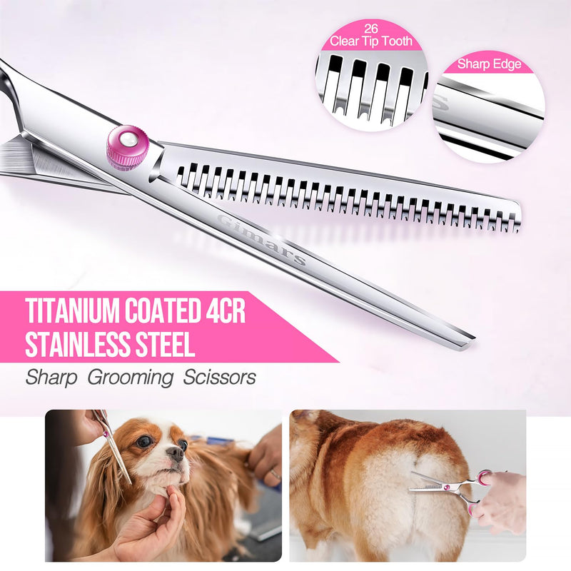 Gimars Dog Grooming Scissors Kit Professional 4CR with Safety Round Tip, 5 in 1 Heavy Duty Titanium Coated Thinning & Curved & Straight Shears Pink [5-in-1]