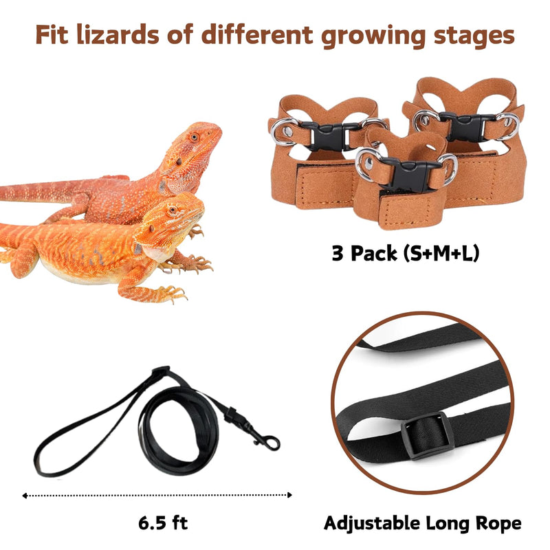 3 Pack Bearded Dragon Harness and Leash Set - Adjustable Soft Leather Lizard Harness Leash Small Animal Traction Rope Training Walking Vest Accessories for Reptile Squirrel Rat (Brown) Brown - PawsPlanet Australia