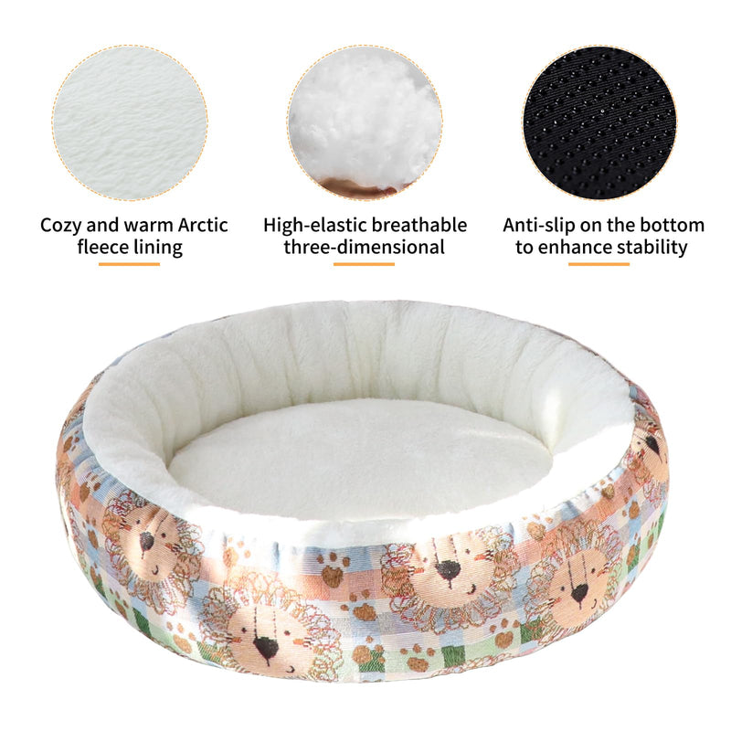 Circular Calming Dog & Cat Bed Anti-Anxiety Plush Dog Bed Washable Pet Bed with Anti Slip Backing Donut Cuddler with Cute Jacquard Patterns for Cat and Small Puppy 30" (Small, Lion) - PawsPlanet Australia