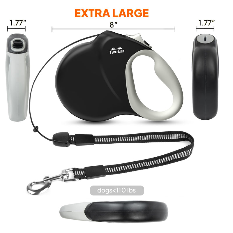 Twoear 30FT Retractable Dog Leash for Medium & Large Dogs up to 110 LBS - Heavy Duty Tangle-Free Long Leash with One-Hand Brake, Anti-Slip Handle & Smooth Retraction - Black 0-110 lbs