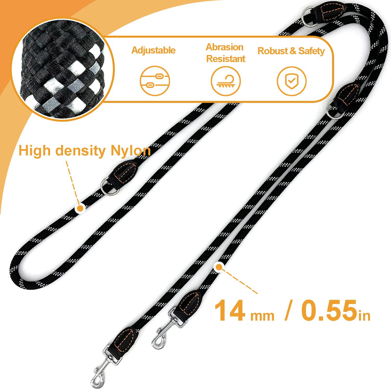 Bokelai Double Ended Lead for Dogs Adjustable Reflective 3m Training Lead for Large Medium Dogs Walking & Running Hands Free Rope Lead Black 1.4CM*3M