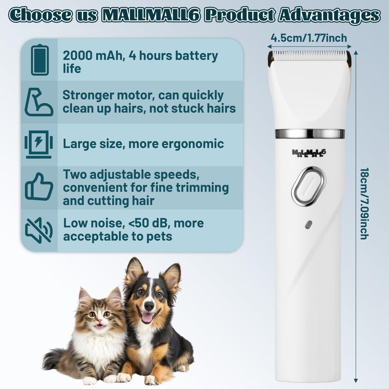 MALLMALL6 4 in 1 Dog Grooming Kit, High Performance 4 Hours Battery Life Professional Pet Clipper Set for Thick Fur, 2 Speed Low Noise Cat Shaver Paw Trimmer for Home Pet Grooming Shop White - PawsPlanet Australia