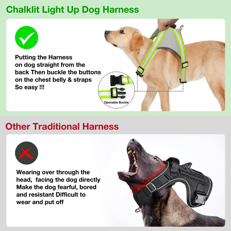 ChalkLit Light Up Dog Harness, No Pull Led Dog Harness Glow-in-The-Dark for Night Walking, USB Rechargeable Lighted Safety Vest for Medium Large Dogs, Adjustable Soft Mesh Fully Illuminated(Green, L) Green - PawsPlanet Australia