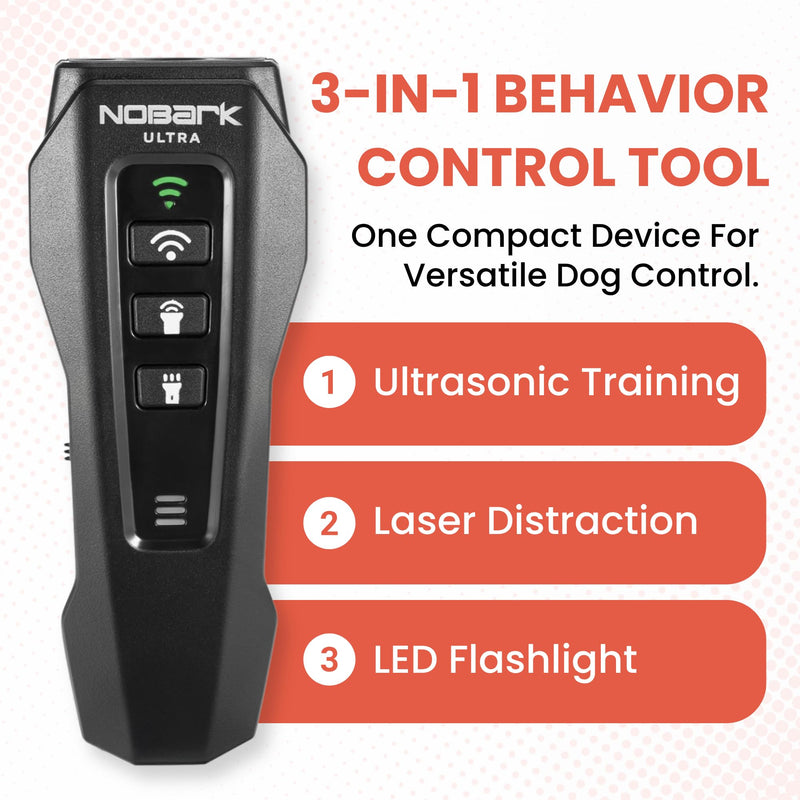NoBark Ultra Dog Trainer - Rechargeable Ultrasonic Anti Barking Device for Dogs, Bark Deterrent & Outdoor Dog Repellent | Handheld Sonic Dog Training Tool with LED Flashlight & Laser