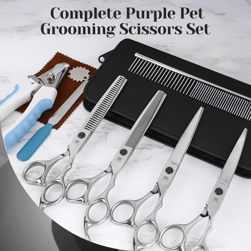 Dog Grooming Scissors Set – 6 in 1 Silver Pet Grooming Kit with Curved, Thinning, Chunker & Straight Shears + Comb – 440C Stainless Steel, Sharp & Durable for Dogs & Cats - PawsPlanet Australia