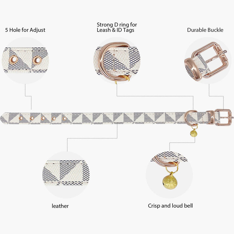 Dog Leather Collar and 4 ft Leash, KUDES Adjustable Basic Collar with Bell Leather Pet Leash Set, Checkered Pattern Durable Leather Collar and Leash with Metal Buckle for Small Medium Large Dogs S(Neck 10-12" ,Width 0.6") Beige
