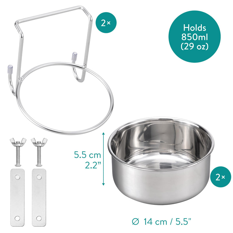 Navaris Cage Hanging Stainless Steel 5.5" (14cm) Bowl Set of 2 - Durable & Rust Resistant - Clip On Pet Crate Food & Water Dish - No Spill Metal Dog Bowls - for Puppy Cats and More 2x 14cm metallic silver - PawsPlanet Australia