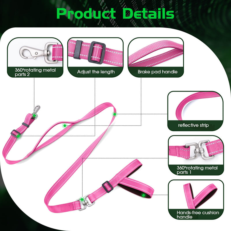 Hands-Free Dog Leash, Heavy Duty No-Pull Training Lead w/Anti-Tangle, Double Padded Traffic Handles Adjustable 5-5.6FT & Reflective Thread for Medium Large Dogs for Running/Walking Pink Pink (Included Traffic Handle) 5-5.6ft(Width 1") - PawsPlanet Australia
