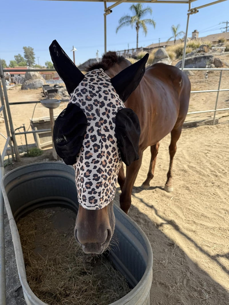 Stretchable UV-Blocking Equine Fly Mask with Moldable Ear Covers, Adjustable Comfort Mesh Straps, Leopard-Pattern Pasture & Trail Protection Perfectly Sized for Full Sized Horses - Leopard Print Large