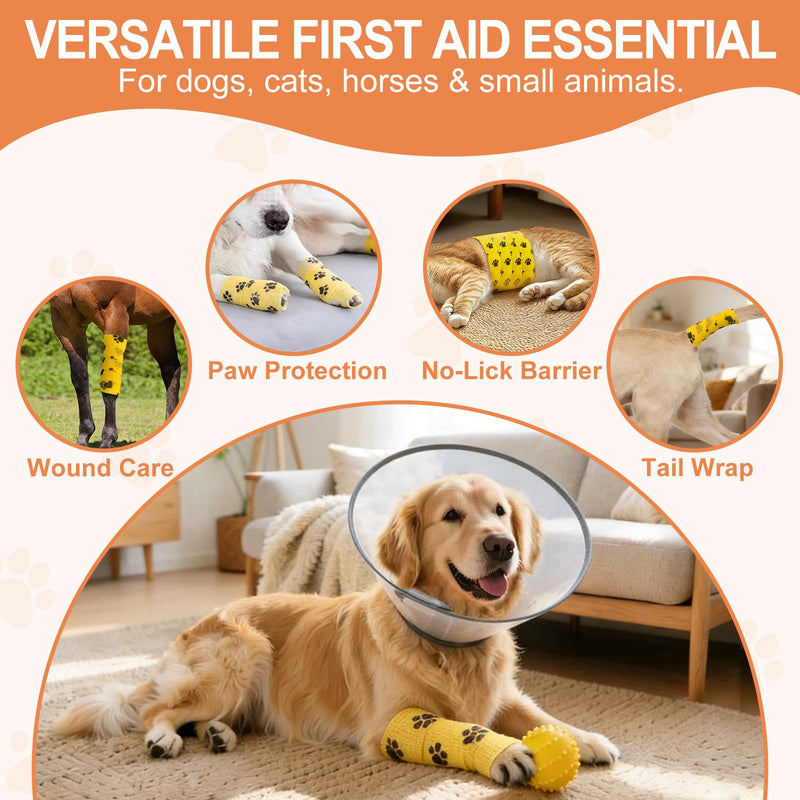 6 Rolls Vet Wrap Cohesive Bandage, Self Adhesive Non-Woven Pet First Aid Tape for Dogs, Cats, Horses, Wound Care, Sticks Only to Itself, Safe & Comfortable, 2 Inch x 5 Yards