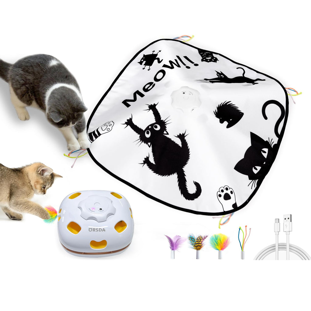 ORSDA Cat Toys Rechargeable, 4in 1 Interactive Automatic Indoor Cats Toy with 8 Holes Mice Whack-A-Mole, Hide and Seek Smart Motion Kitten Toys with 5Pcs DIY Replacement Refills Black Meow