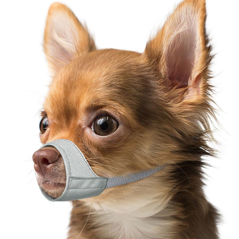 Mayerzon Short Snout Dog Muzzle, Small Muzzle for Chihuahua Shih Tzu American Bully Boxer Puppy, Soft Fabric Muzzles for Grooming Vet Visits, Prevent Biting Chewing Fighting Grey XXS [Snout Cir: 3.5-4.25"]